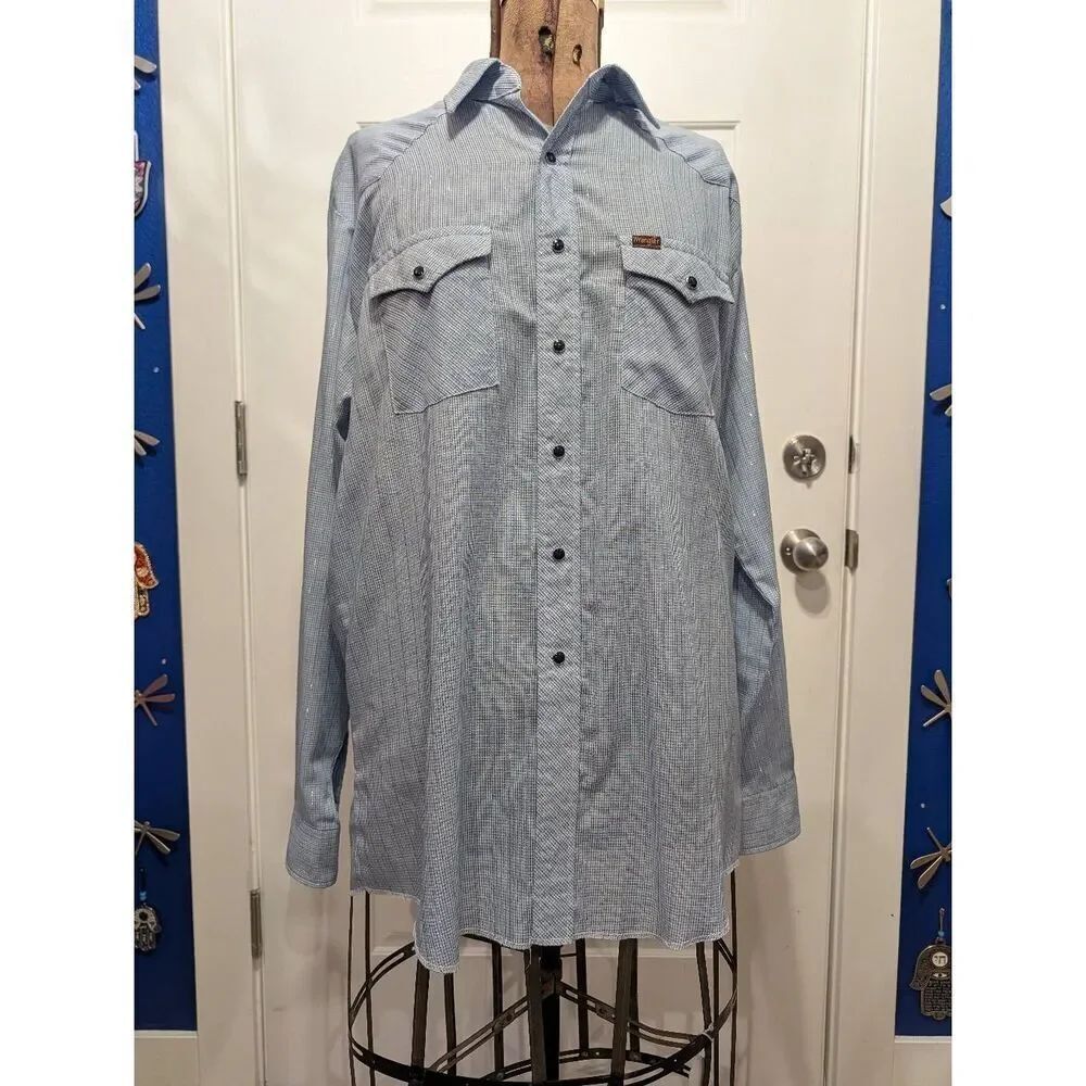 VTG Wrangler Pearl Snap XLT Tall Man Blue Check Silver Thread USA Made RARE!